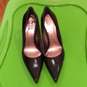 Black faux snakeskin closed toe heel